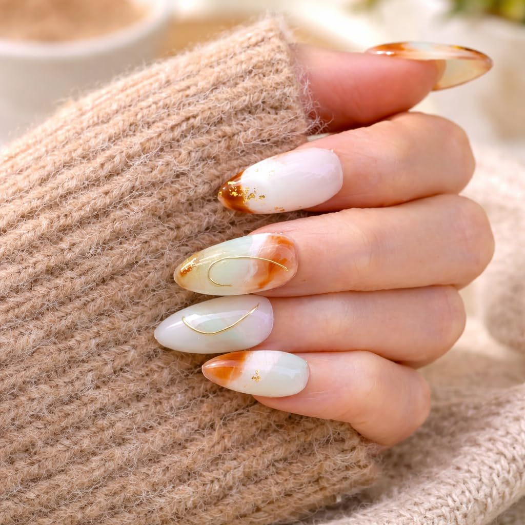 IntoVibes 10 Pieces Handmade Press On Nails Medium Almond, Green And WhiteThickened False Nails With Gold Thread Embellishment, Reusable Fake Nails Almond, Reusable Acrylic Nails (M)