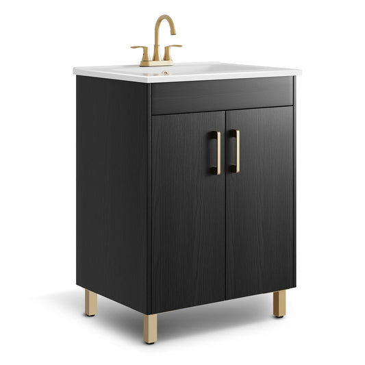 phiestina 24 Inch Fully Pre-Assembled Black Bathroom Vanity with Single Ceramic Countertop Sink Combo, 2 Soft Close Doors Bathroom Cabinet Set, Faucet Not Included, BV01-BLACK-JH