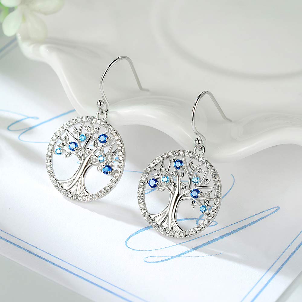 Tree of Life Jewelry Necklace Earrings Set Women March Birthstone Birthday Gifts Wife Mom Aquamarine Sapphire Sterling Silver
