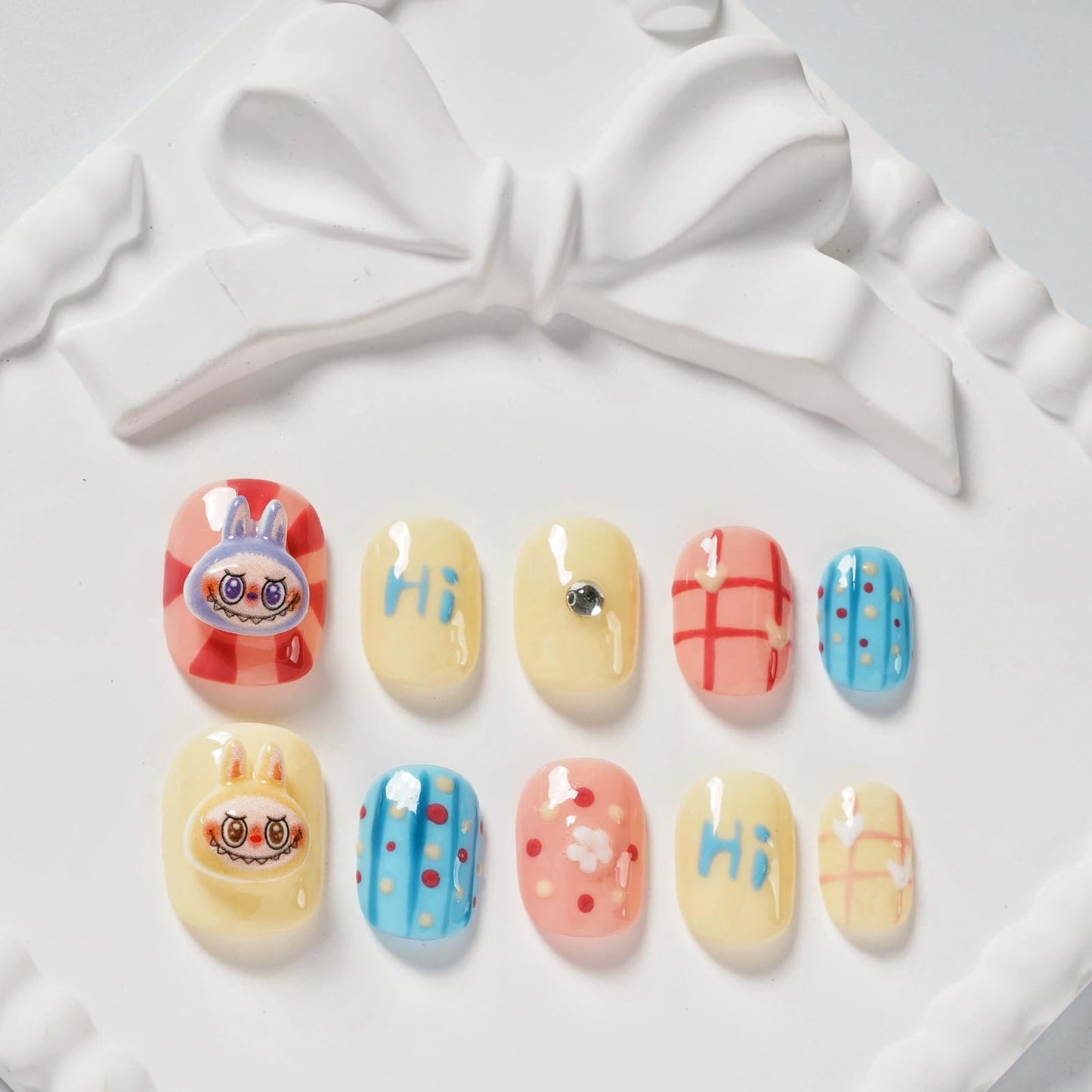 Tesytto Cartoon Press on Nails Extra Short Square - 3D Cute Charms Design, Colorful Mini Figure False Nails for Women and Girls (Cartoon-B,S)