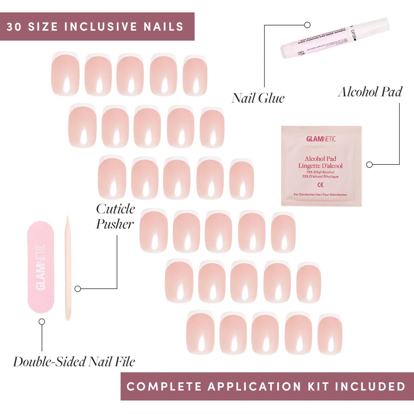 Glamnetic Press-On Nails Bundle - La Perle, Think Pink & Think | Squoval White Nails with French Tips | Light Pastel Oval Fake Nails | Oval Beige-Pink False Nails with a Metallic