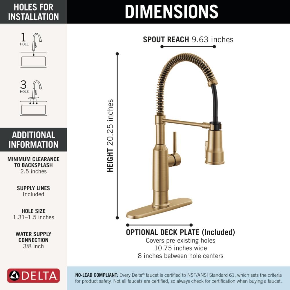 Delta Theodora Pro Style Commercial Kitchen Faucet with Pull Down Sprayer, Single Hole Brushed Gold Kitchen Sink Faucet, Single Handle, Champagne Bronze 18804Z-CZ-DST