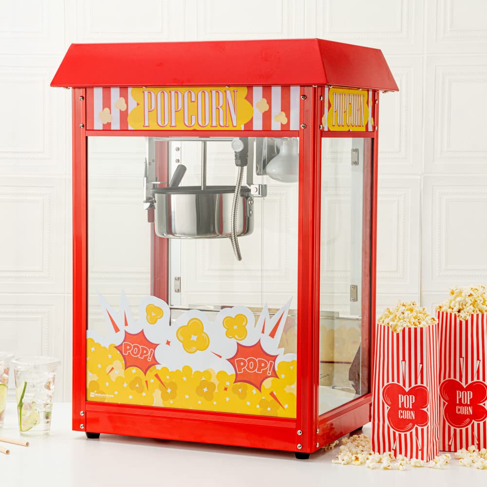 Restaurantware Hi Tek 8 Ounce Commercial Popcorn Popper Machine 1 Electric Popcorn Maker Machine - Popcorn Cart Sold Separately 3-Switch Operation Red Stainless Steel Popcorn Machine 120V