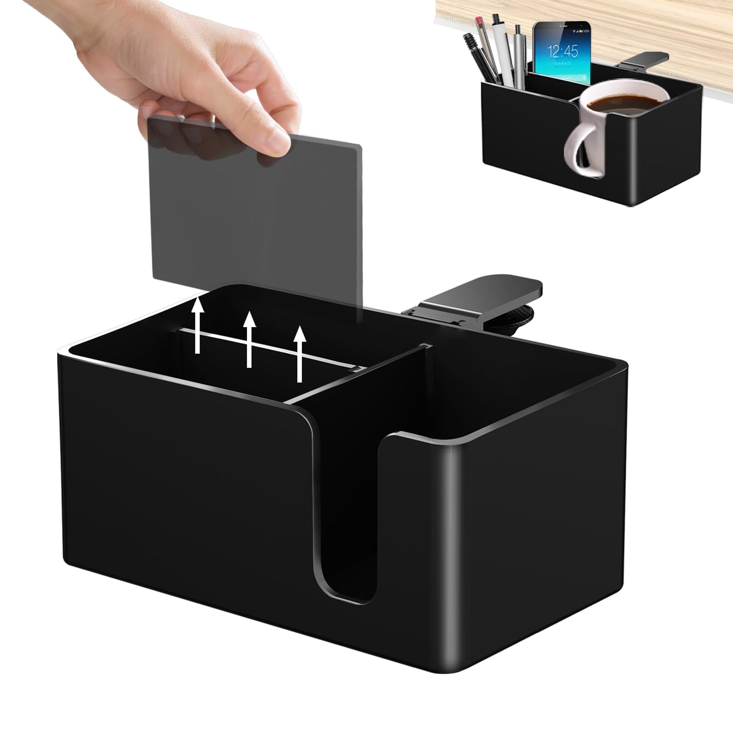 Yinqster 3-in-1 Clamp on Desk Organizer Cup Holder with Flexible Slots,Detachable Under Desk Storage for Cup, Phone & Pen,Computer Accessories and Office Supplies,Space Saving