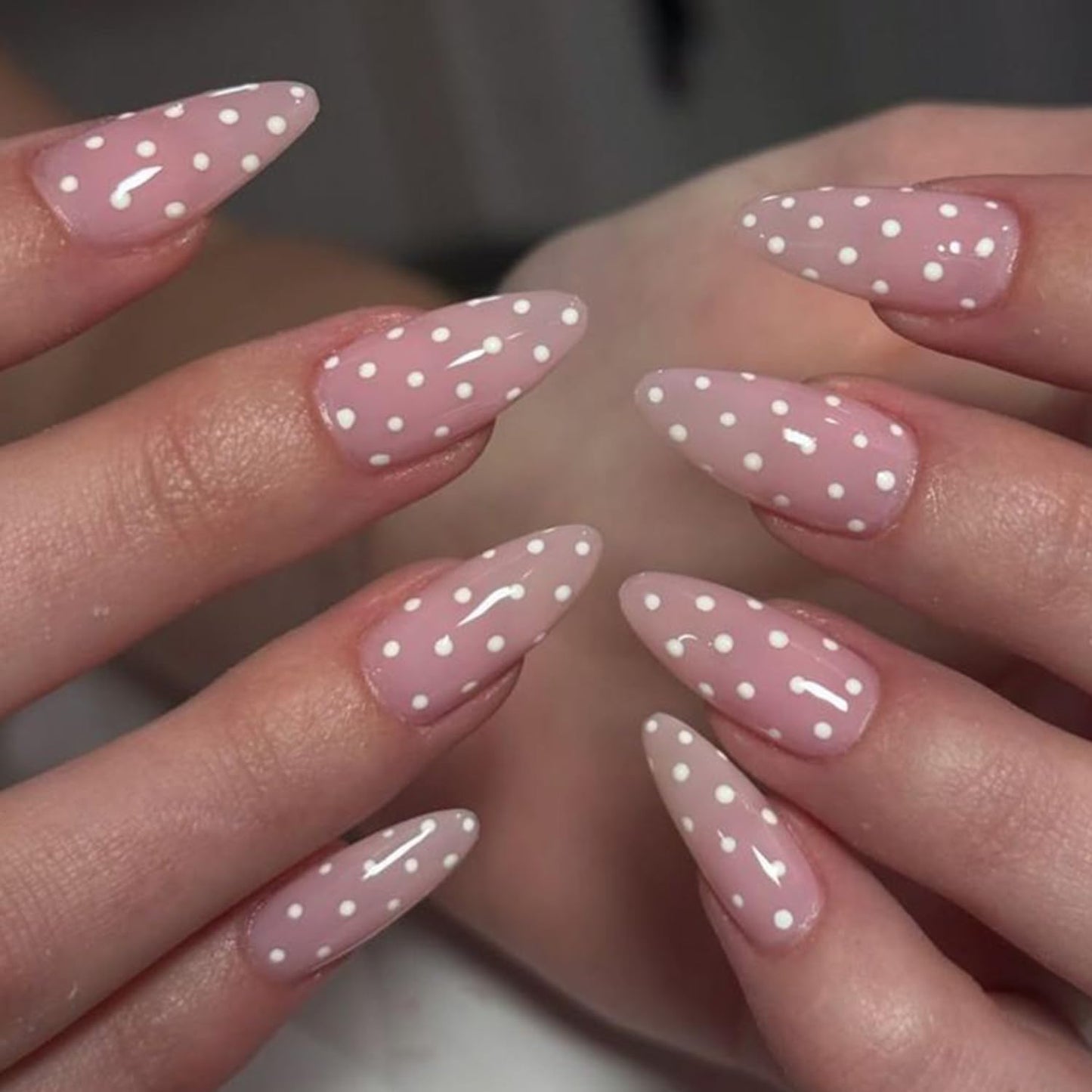 Modelones Pink Press on Nails Almond, Polka Dot Short Fake Nails, Reusable Nail Kit with Nail Glue Adhesive Tabs Mini Nail File, Nails Press Ons 32Pcs 16size, Women Girl Gift ﻿