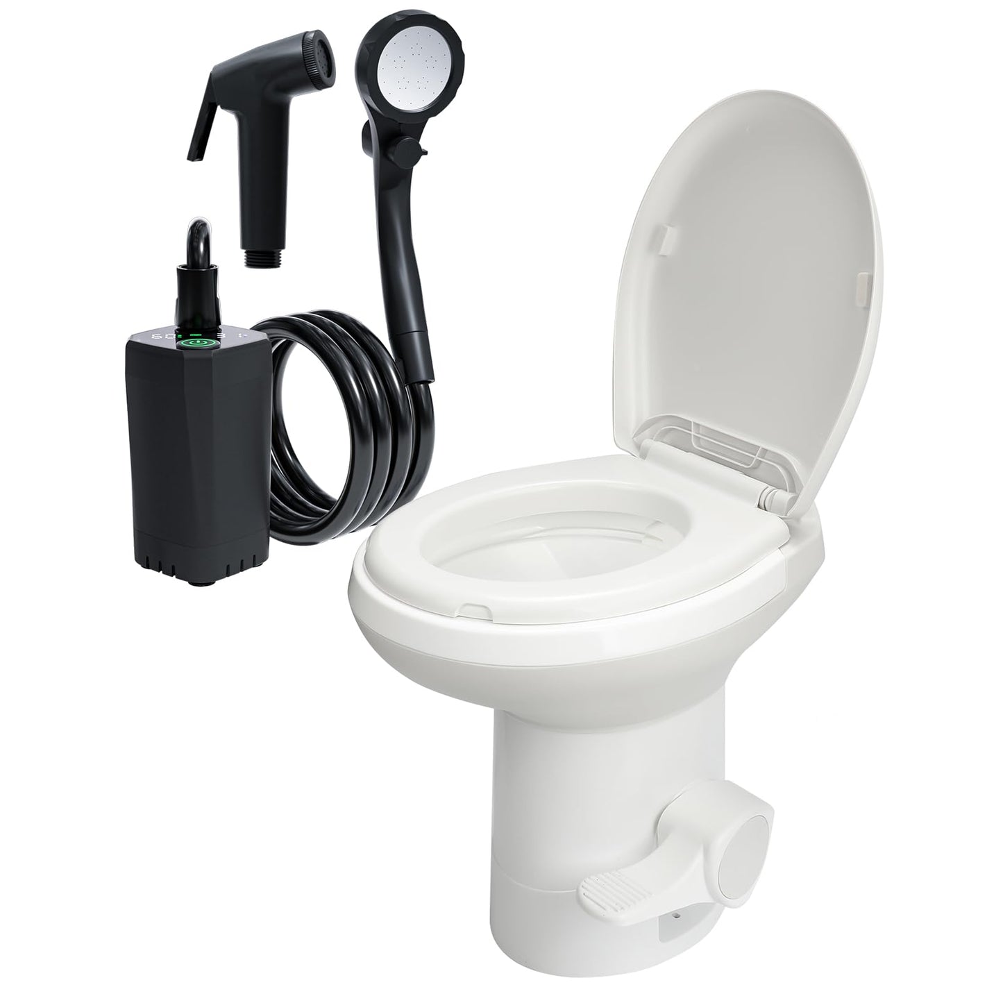 Efficient Gravity-Flush RV Toilet with Portable Camping Shower,for RVs, Trailers, and Campers