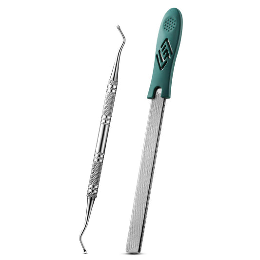 FVION Toenail File for Thick Nails and Toenail Lifter, 2pcs Stainless Steel Nail File and Ingrown Relief Set, Heavy Duty Metal Emery Board for Seniors, Men & Women Pedicure Tool (Green)