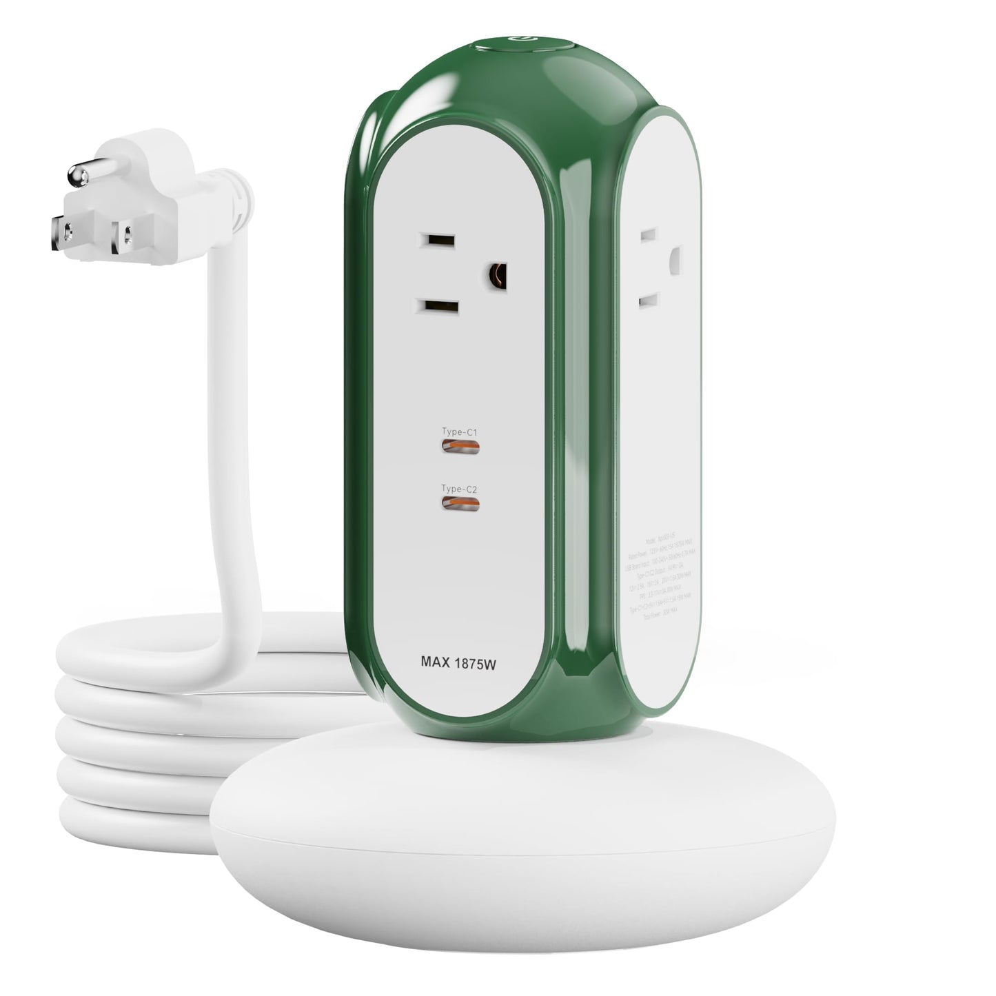 MiaoLab Power Strip Tower with 2 USB-C Ports (30W Fast Charing), 1420J Surge Protector, 4 AC Outlets, 6.6FT Extension Cord with Overload Protection, 1875W/15A Charging Station for Home Office Desk