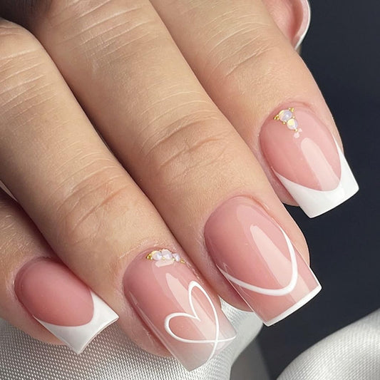 CTTHNBD Press on Nails Square - Short Fake Nails with White Heart Design - French Tip Stick on False Nails - for Women 24 Pcs
