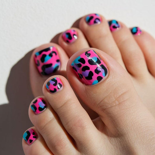 Leopard Print Press on Toenails Short Square Fake Toe Nails with Pink Spotted Leopard Designs Glossy Acrylic Artificial Full Cover False Stick on Toenails for Women Decoration 24Pcs