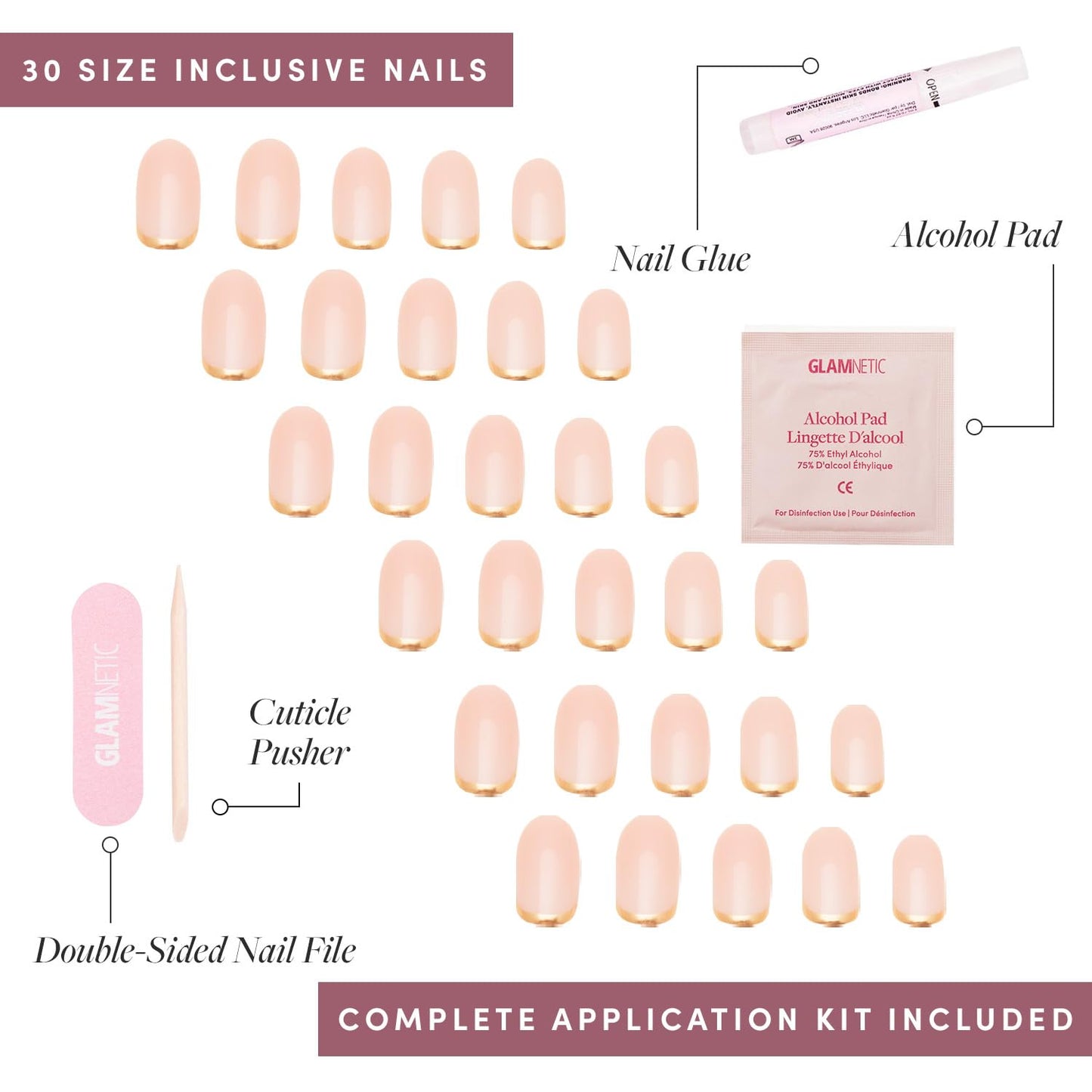 Glamnetic Press-On Nails Bundle - Seaspell & Goal Digger | Short Almond Pink Fake Nails with a Velvet Finish | Natural Short Round False Nails with Gold Foil | Reusable, Salon-Quality Nail Kits