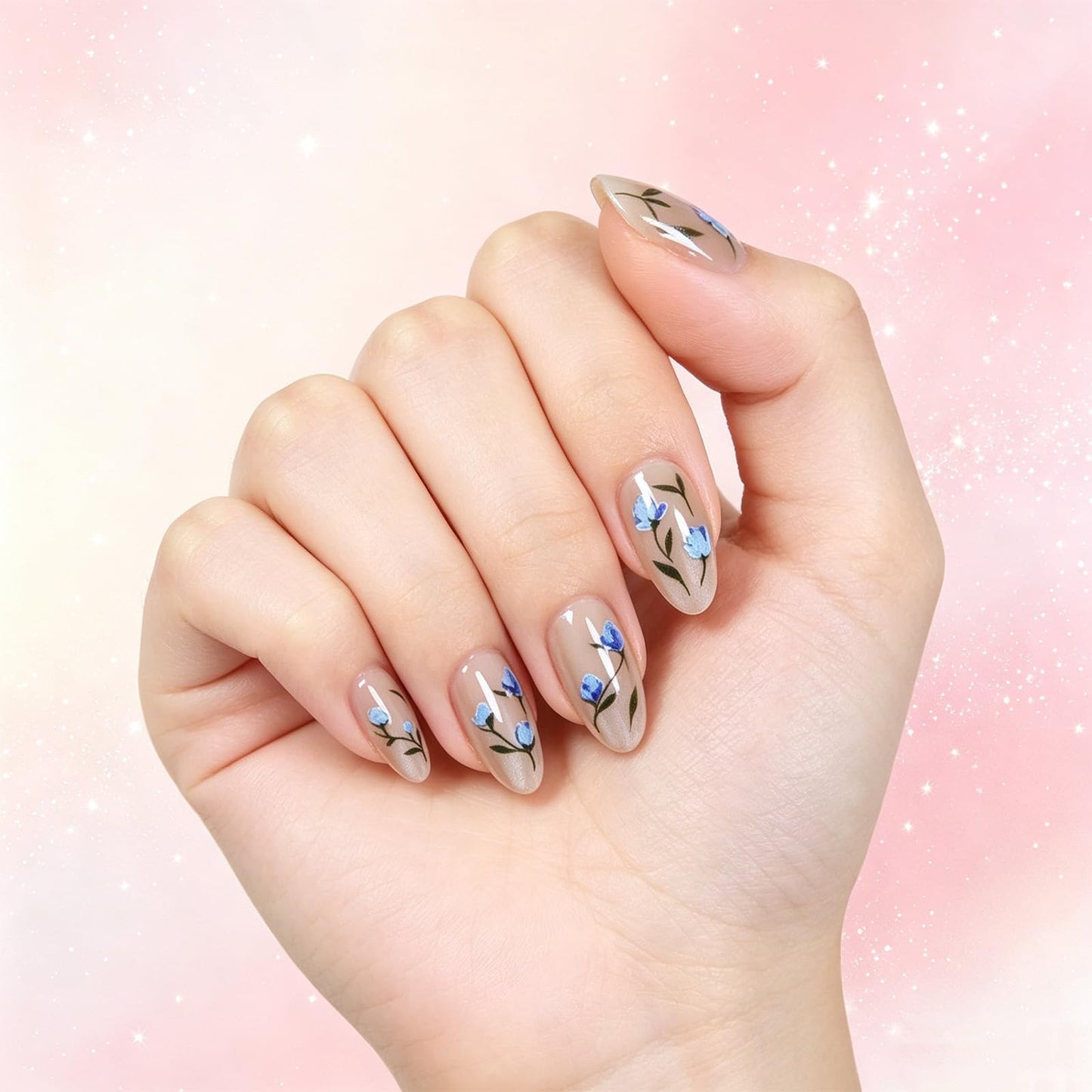 Press on Nails with Flower Design Floral Medium Almond False Nails Leaf Fake Nail Glossy Blue Glitter Glue on Nail Sparkly Stick on Fingernails for Women Sweet Daily Wear