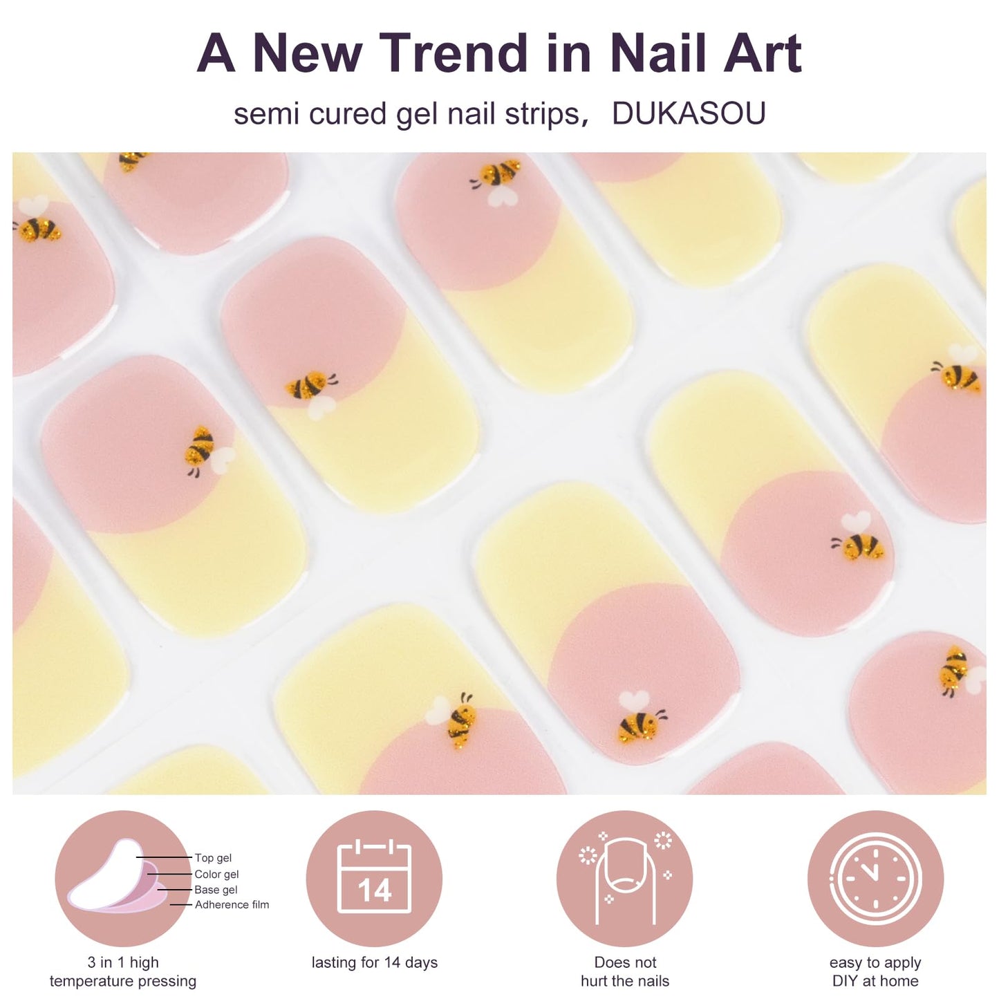 DUKASOU Semi Cured Gel Nail Strips, 56Pcs French Tip Nail Art Stickers/Wraps, Long Lasting UV Nail Polish Strips for Adults(French Tip Red Beetle+Yellow Bee)