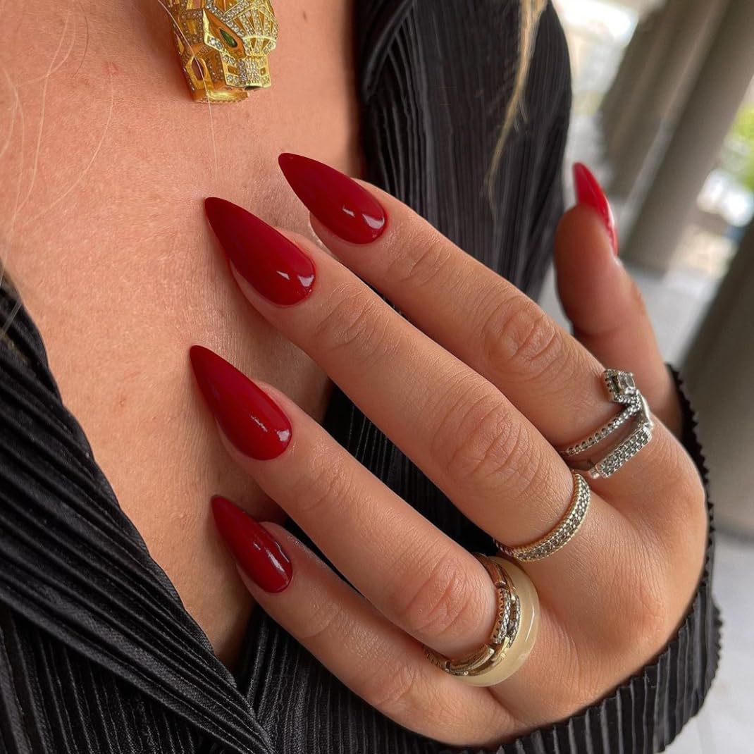 KQueenest Red Press on Nails Medium Almond&Burgundy Press on Nails Short Square For Beach Party Daily Decoration in 48 PCS