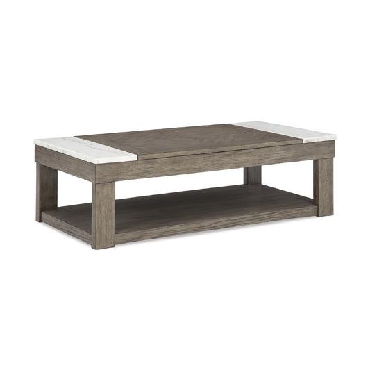 Signature Design by Ashley Loyaska Casual Lift-Top Coffee Table with 1 Lower Shelf, Marble Accents and Casters, Brown & White