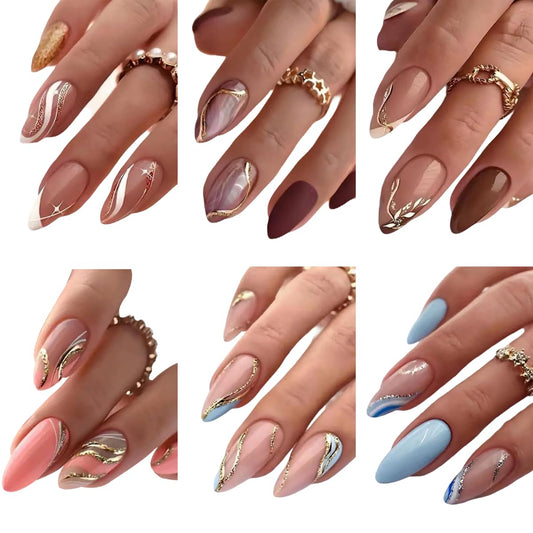 6 Packs (144 Pcs) Press on Nails Medium Almond Fake Nails Swirls False Nails with Designs Glitter Line Glue on Nails Full Cover Glossy Acrylic Stick on Nail for Women Manicure