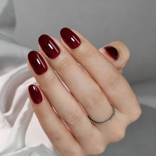 Wine Red Press on Nails Luxury Muti-Layer Gel Solid Color Fake Nails Thickened Acrylic Nail Designs Short Almond Stick on Nails Full Cover Pure Color False Nail for Women DIY Manicure Art 32 Pcs