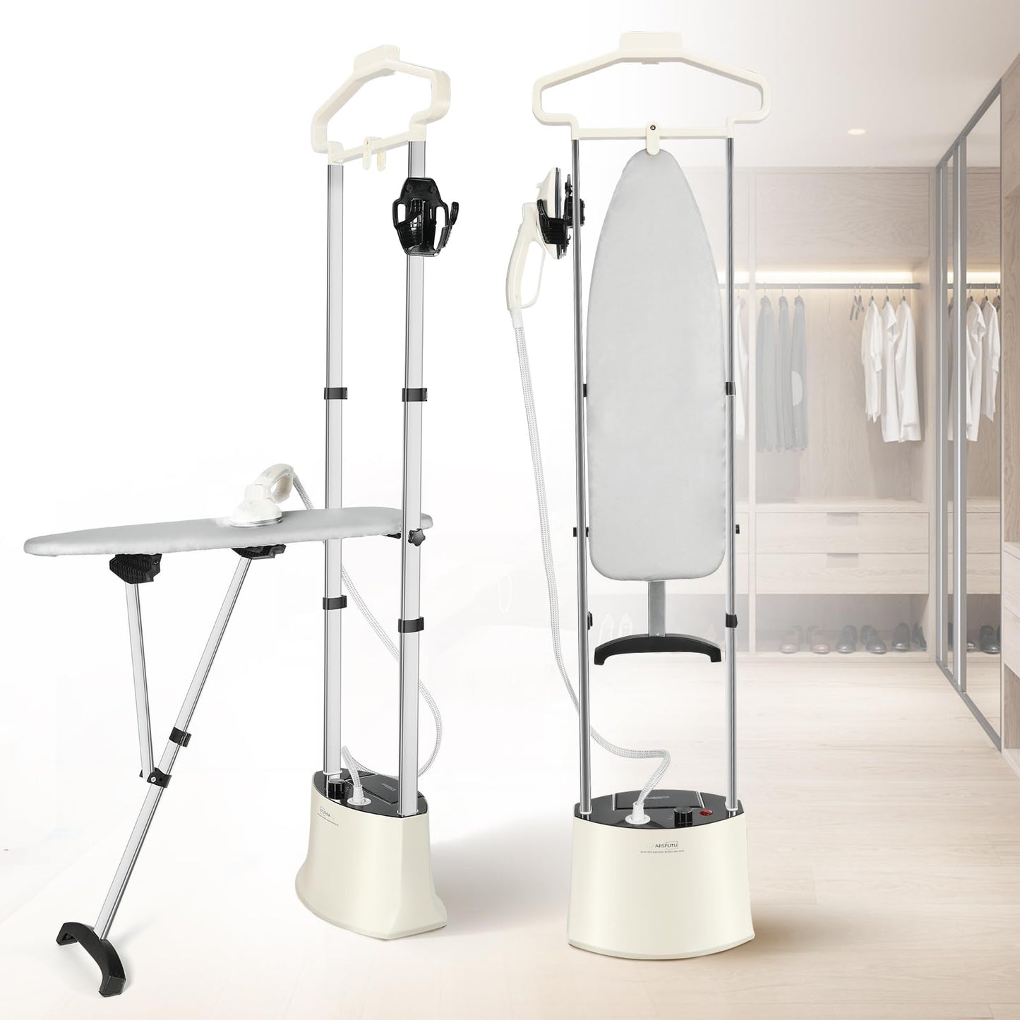 Professional Heavy Duty Full-Size Standing Garment Steamer 25s Fast Heat-up with Rotating Ironing Head 1.6L/54 fl.oz Water Tank, Self-cleaning Function, Foldable Ironing Board, Ironing Gloves