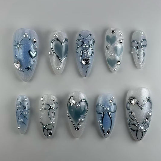 24Pcs Blue Almond Press on Nails Medium Fake Nails 3D Heart Glue on Nail Heart Bow Acrylic Nail Star Pearl Rhinestones Charms Gradient Blue White False Nails for Women Manicure Decoration