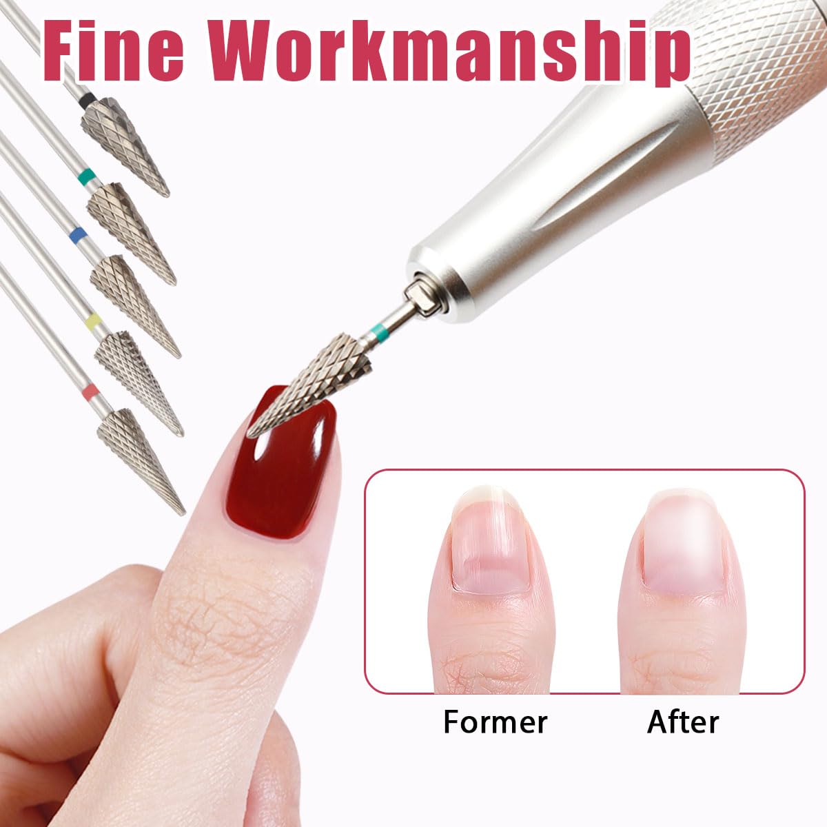 Evponk 5 Pcs Nail Drill Bits Set for Acrylic Nails, 3/32" Tungsten Carbide Nail File Bits Set XC, C, M, F, XF for Gel Polish Removal, Nail Art, Home Salon Use