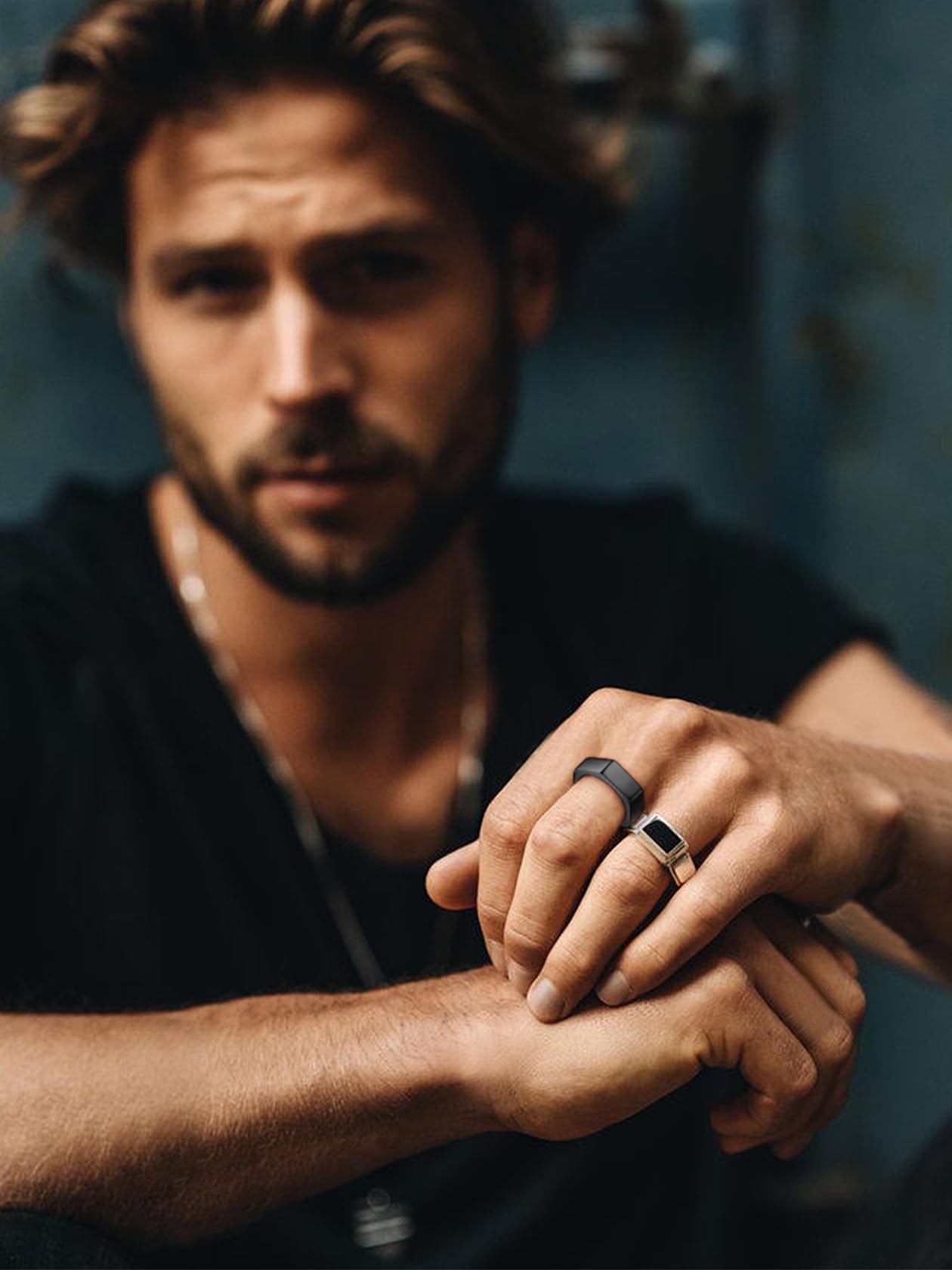 ChainsHouse Personalized Engravable Stainless Steel Black Hexagon Geometric Biker Ring Bands, Size 9