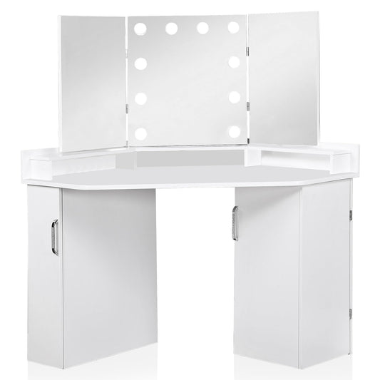 Furniture of America Sebastian Glam Solid Wood Vanity Set, Include Multiple Drawers Table and Mirror with 10 Bulbs for Bedroom, Dressing Room, Bathroom, Guest Room, White