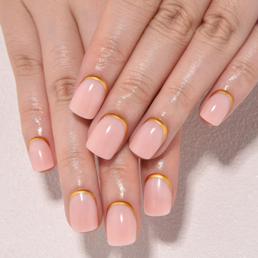 evpct Nude Glossy Press on Nails Short Square with 3D Gold Line, Glossy Ndue Fake Nails Reusable Acrylic False Nail Stick on Press ons for Women Gifts, Perfectly Fit False Nail Kit Gel 30Pcs