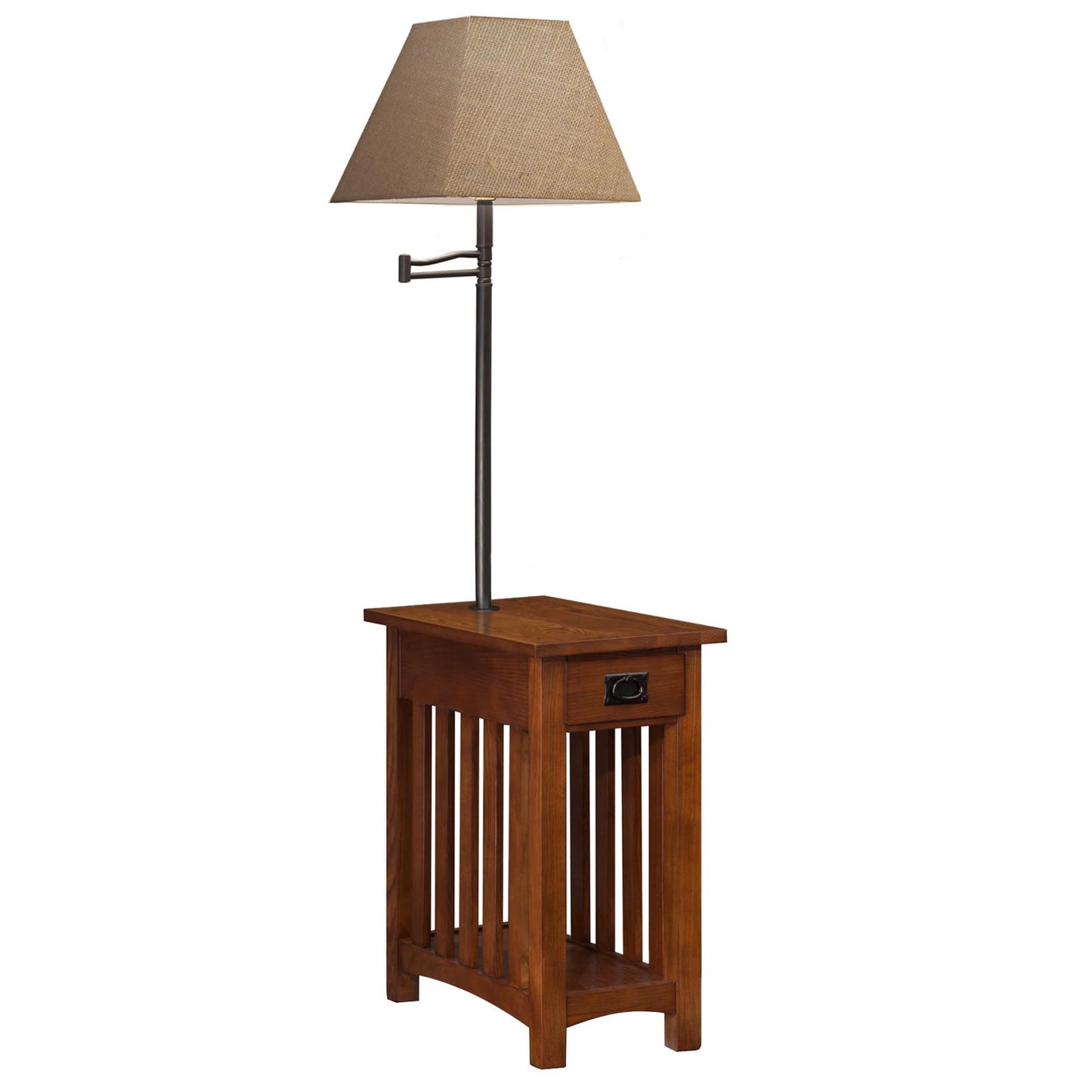 Leick Home Mission End Table, Solid Wood, Built-In-Lamp, 1 Drawer, Bottom Display Shelf, Slatted Sides, Easy-Assembly, Medium Oak, 22.5 in. L x 12.0 in. W x 60.0 in. H, 10028