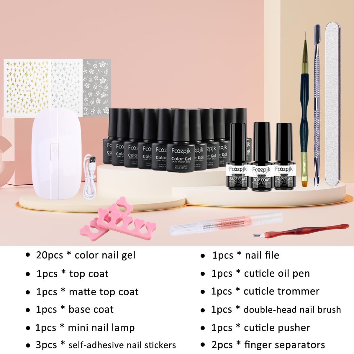 Fcozpjk Gel Nail Polish Set With UV Light, 20 Pcs Nude Pink Blue Black White Gel Nail Polish Kit With Base Gels Top Coat and Nails Art Stickers Soak Off Sparkle Glitter Polishes Home Manicure