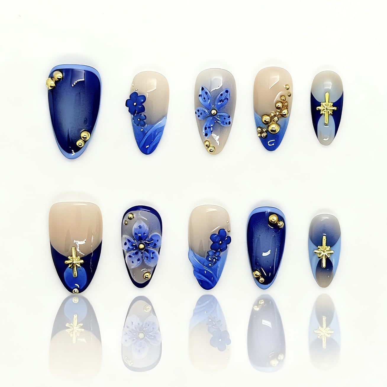 Reusable Press On Nails for Women & Girls - Short Almond Shape, Green Gradient with 3D Hand-Sculpted Florals, Holiday Party Manicure (A-Dark Blue Short, M)