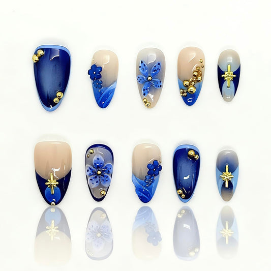 Reusable Press On Nails for Women & Girls - Short Almond Shape, Green Gradient with 3D Hand-Sculpted Florals, Holiday Party Manicure (A-Dark Blue Short, M)