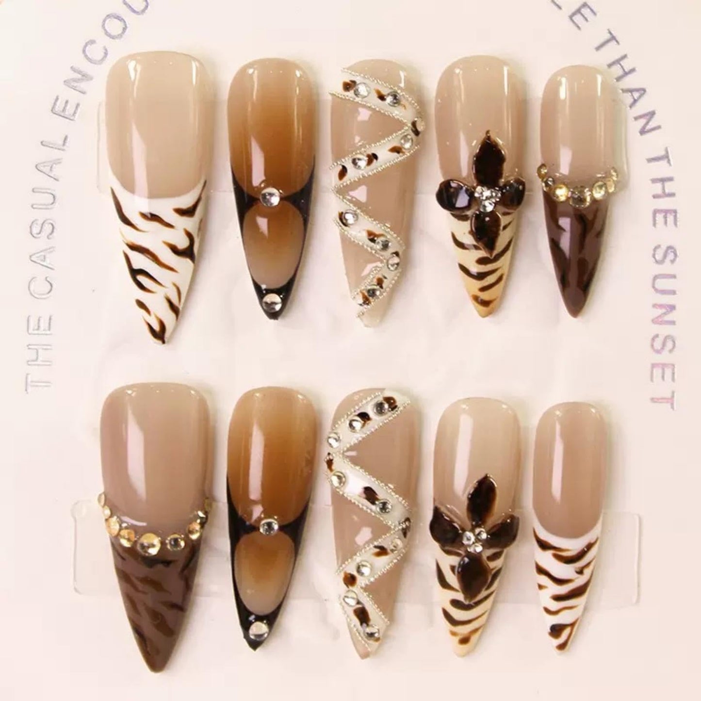 100% 5D Handmade Press on Nails with Charms Long Stiletto Nails Press ons- Fall False Nails Leopard French tip Press on Nails Autumn Fake Nails for Women Girls Daily Wear DIY Manicure Size M