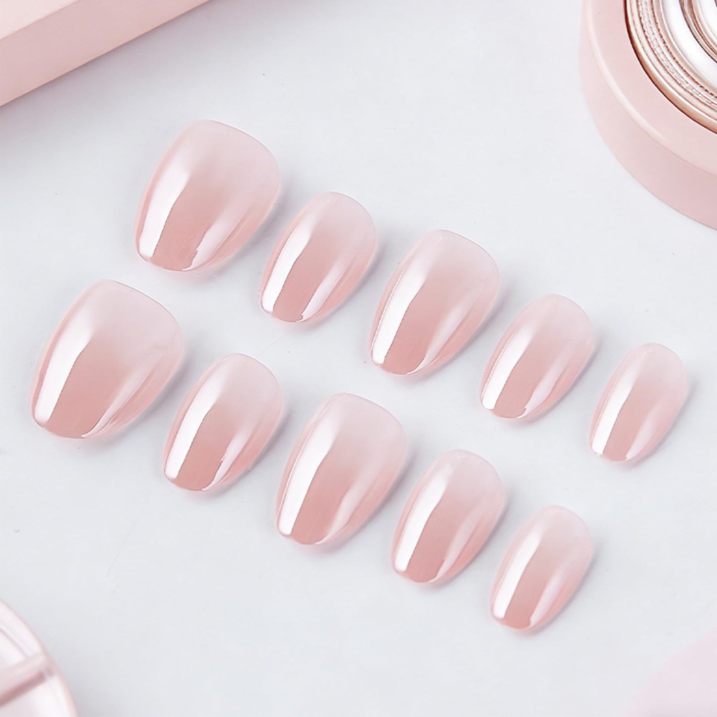 Press on Nails With Chrome Design, Glossy Nude Pink Fake Nail, Short Oval False Nails Mirror Glue on Nail, Natural Stick on Reusable Acrylic Fingernails for Women Daily Wear