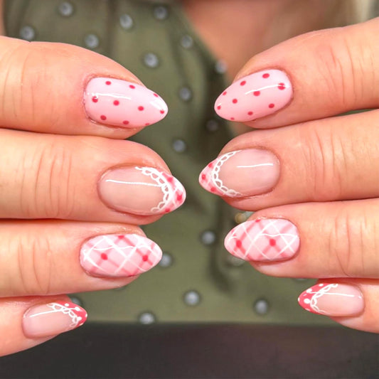 LWTZLW Cute Polka Dots Press on Nails French Tip Short Almond False Nails with Pink Grids Design Full Cover Glue on Nail Summer Reusable Acrylic Fake Nails Glossy Artificial Stick on Nail for Women