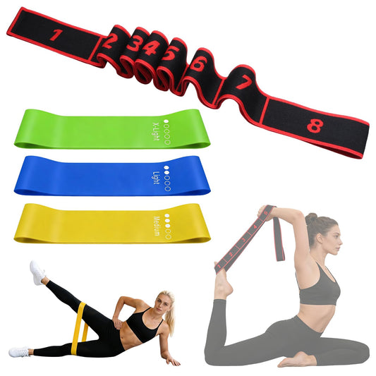 4 Pcs Fitness Resistance Band for Stretching and Yoga with 8-Level Adjustable Strap & 3 Loop Resistance Bands for Legs, Resistance Bands for Working Out, Pilates, Physical Therapy, Home Workout