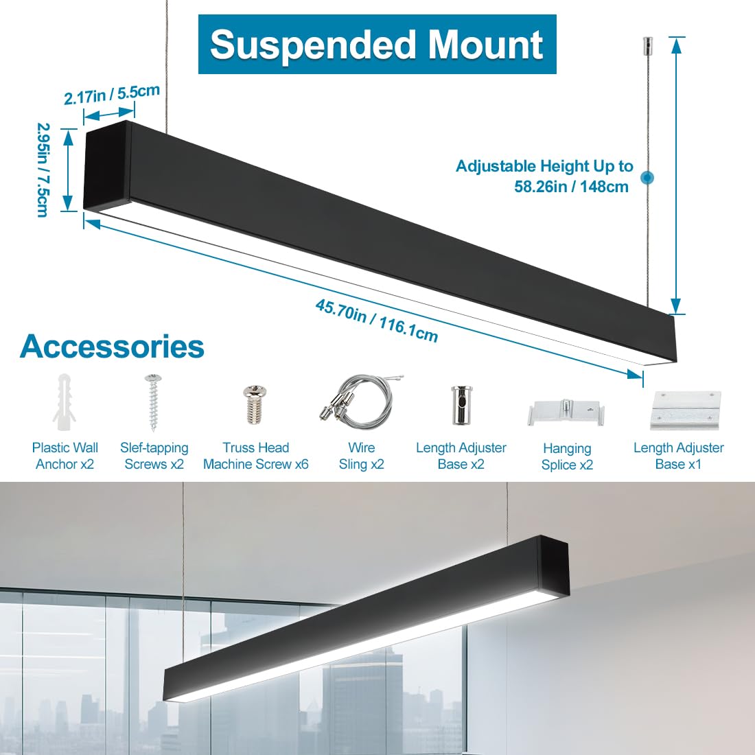 4FT Linkable LED Linear Light, 50/45/40/35/30W Adjustable, 3000K/4000K/5000K Selectable Linear Lighting Fixture, 0-10V Dimmable Architectural Hanging Office Shop Light for Gym Retails, ETL 1Pack