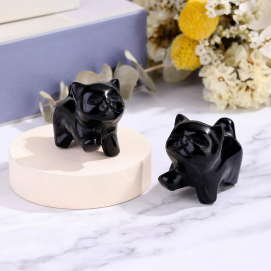 Top Plaza 1 PC Black Obsidian Crystal Cute Cat Figurine Gifts Carved Healing Lucky Home Decor Natural Gemstone Cats Collectibles Pocket Sculpture for Cat Lovers