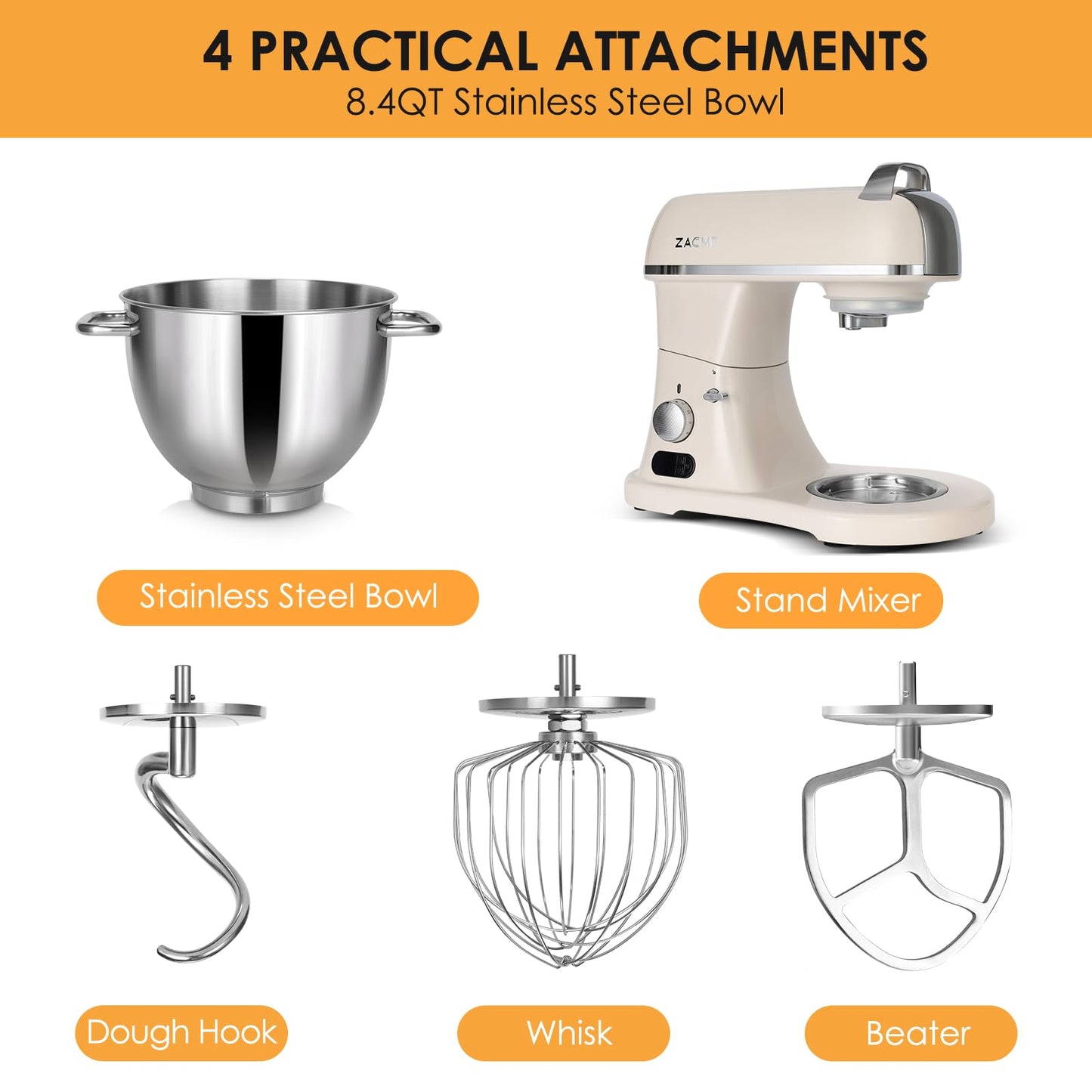 8.4QT Commercial Stand Mixer 800W with NSF Certified and Aluminum Die Casting, Mixers Kitchen Electric Stand Mixer Metal Food Mixer with Stainless Steel 8L Bowl, Dough Hook, Whisk and Beater