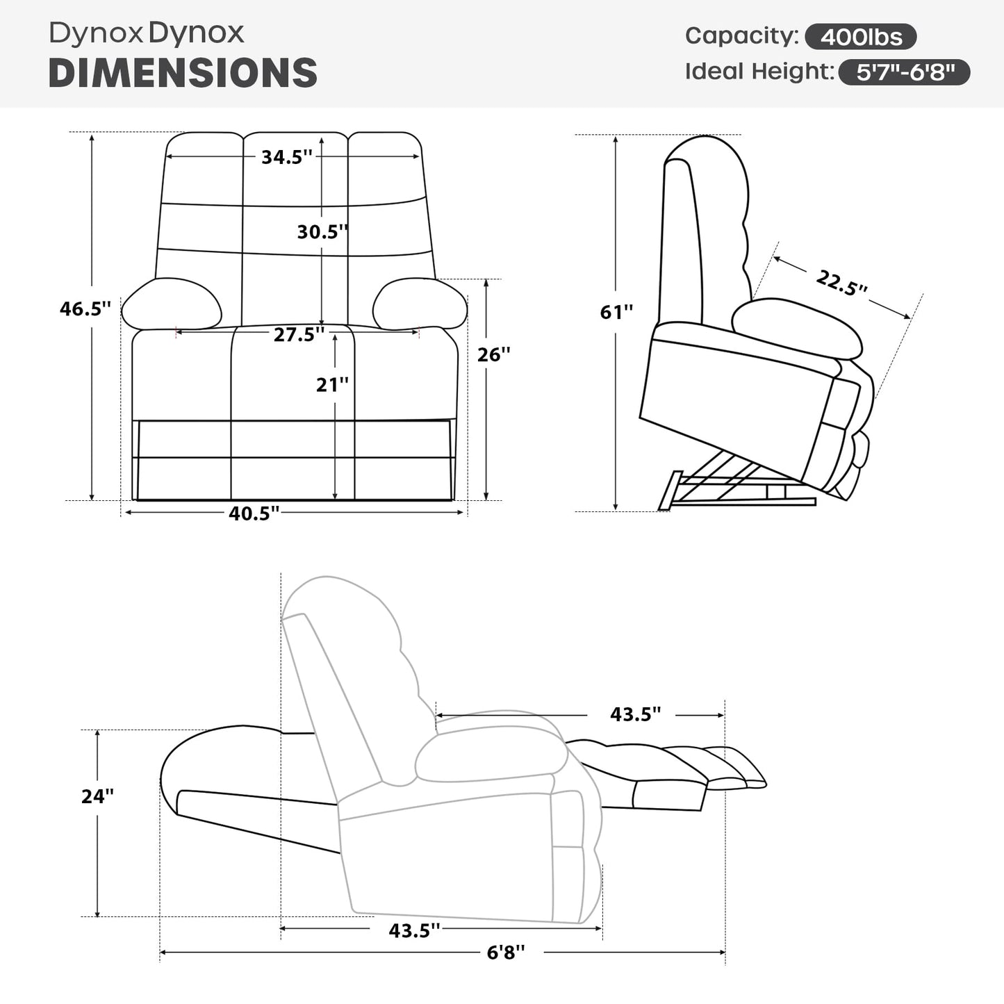 DYNOX 400 LBS Lift Chairs for Big & Tall Seniors Power Lay Flat Recliner Oversized Lift Sofa with Heat Massage Electric Lift Recliner Chair Bed, Extended Footrest(9205L,Chenille,Grey)