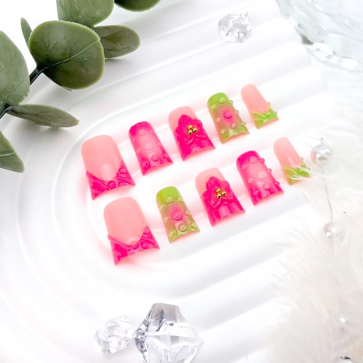 24Pcs Summer Press on Nails Short Duck Fake Nails Pink Green French Tip False Nails with 3D Flower Dewdrop Design Glitter Gold Gems Artificial Stick on Nails Full Cover Glue on Nail for Women Manicure