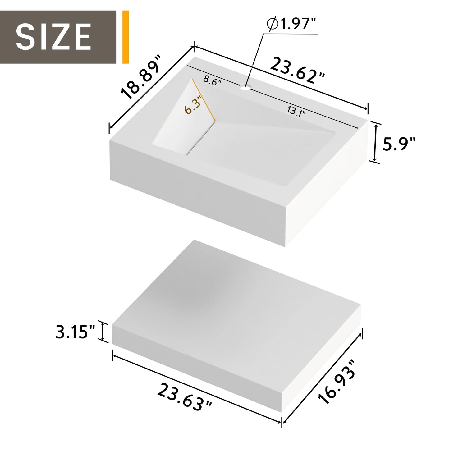 QJ&XY Resin Bathroom Sink 24" Wall Mounted V-Shaped White Basin Floating Vanity Vessel Sink in Soft-Touch Finish (Double Tier)