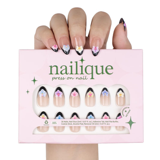 NAILIQUE Press On Nails Short Almond, Handmade Soft Gel Black French Tip Fake Nails with 3D Orchid Flower Art, 26pcs Reusable Nail Tips with Glue & Remover, Salon Quality Summer Manicure