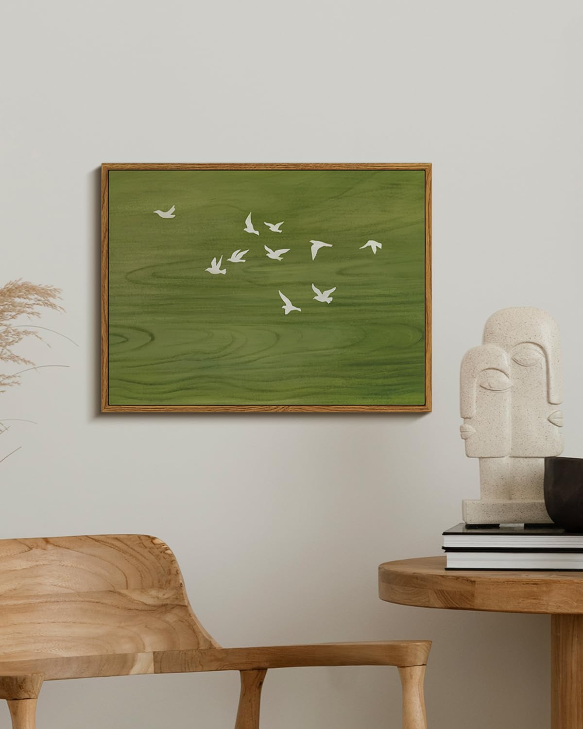 Peaceful Landscape 12x16 Zen Framed Canvas Wall Art, Abstract Minimalist Green Nature Print with Flying White Birds Painting, Modern Bedroom Office Home Farmhouse Calming Spaces Decor