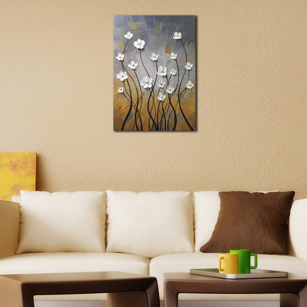 Wieco Art Morning Dancing 100% Hand Painted Floral Oil Paintings Canvas Wall Art Modern Stretched and Framed Grace Abstract Flowers Artwork Ready to Hang for Living Room Home Decorations Wall Decor