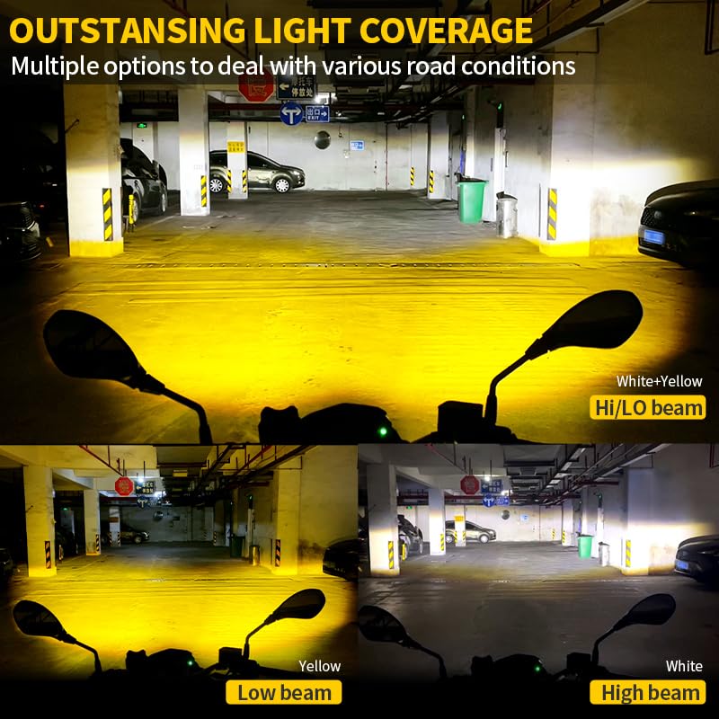 APMAT Universal Motorcycle LED Lights Auxiliary Spotlights White/Amber Driving Fog Light, High/Low Beam Switchback with 7 Modes Dual-Color Strobe for Night Riding, 2PCS