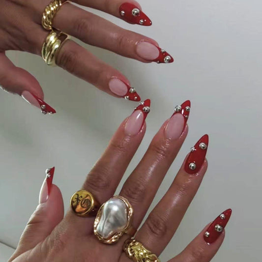 Kamize Short Almond Fake Nails French Press on Nails Full Cover Acrylic Pearl False Nails Red for Women 24PCS