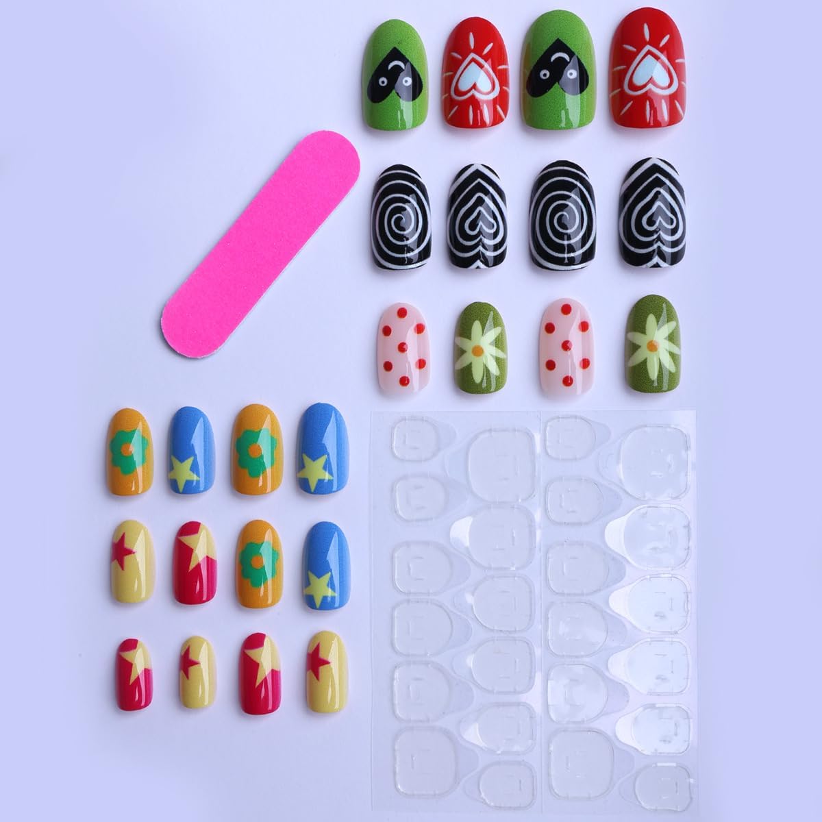 plalely Almond Press on Nails Short Colorful Fake NailY2k Style Daisy Acrylic Nail Press ons Polka dot Stick on Nails for Women 24pcs
