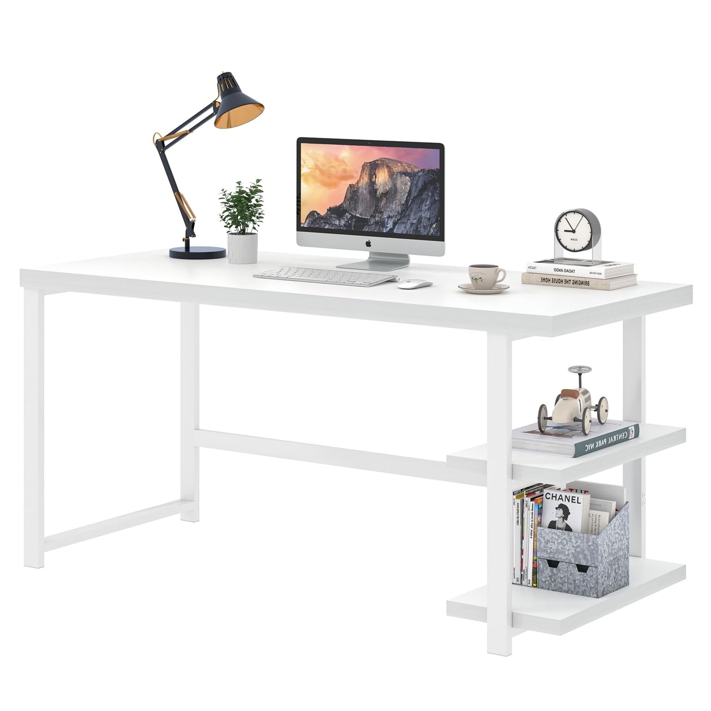 EXCEFUR White Computer Desk, Modern Home Office Desk with Storage Shelf, Wood and Metal Writing Study Table for Living Room Bedroom, 53 Inch