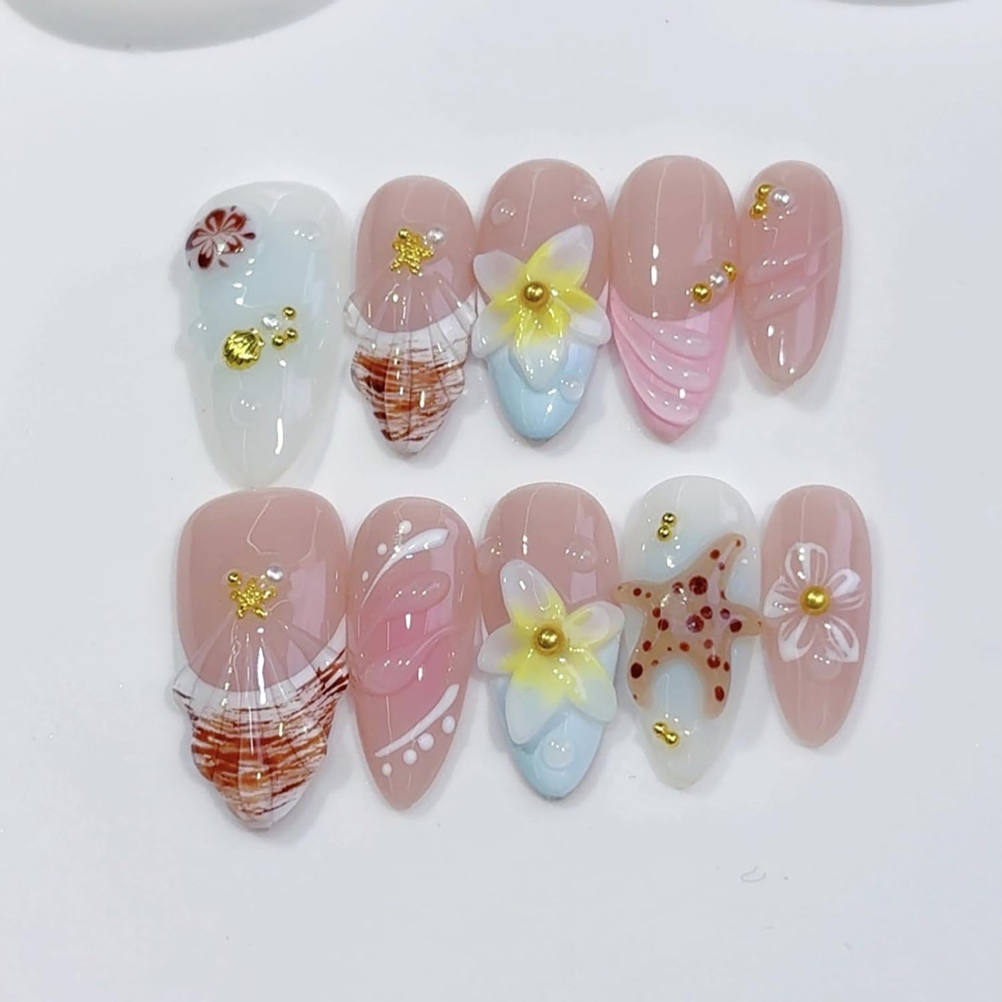 Spring Handmade Nails Almond French Press on Nails with Flower Starfish Design Gloss Fake Nail Full Cover Artificial Acrylic Stick on Nails for Women Girls Manicure DIY （S）