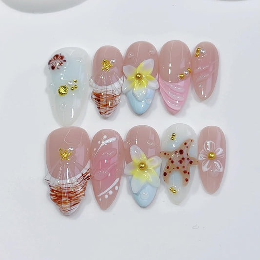 Spring Handmade Nails Almond French Press on Nails with Flower Starfish Design Gloss Fake Nail Full Cover Artificial Acrylic Stick on Nails for Women Girls Manicure DIY （S）